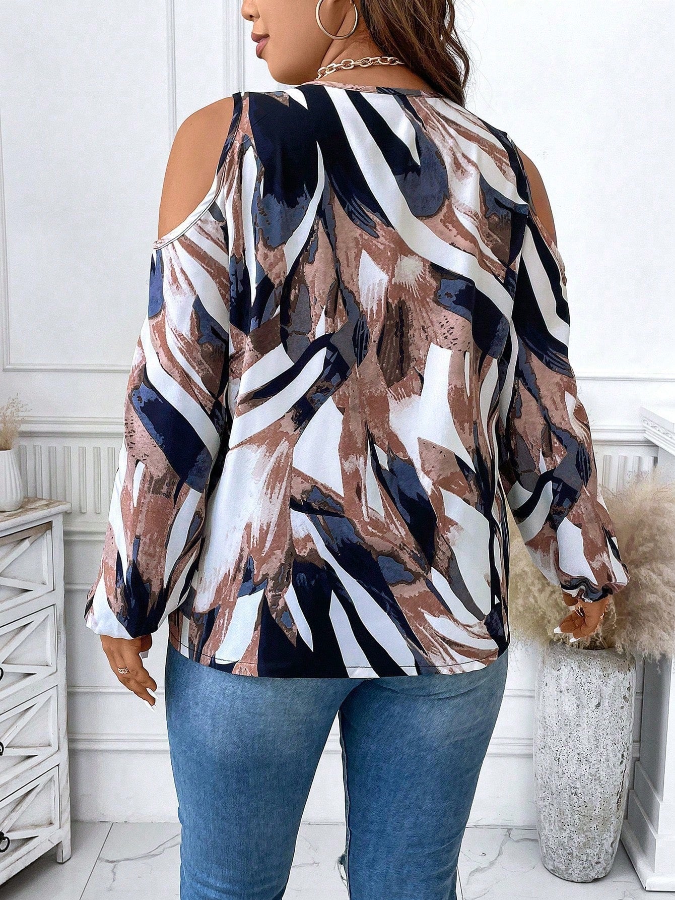 Clasi Plus Allover Print Cold Shoulder Lantern Sleeve Half Zip Blouse Fall Cloth For Women