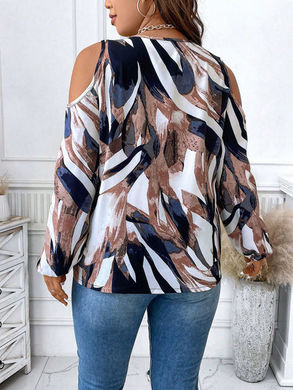 Clasi Plus Allover Print Cold Shoulder Lantern Sleeve Half Zip Blouse Fall Cloth For Women