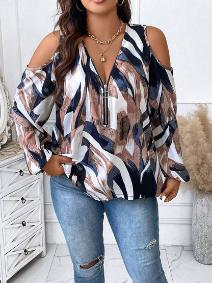 Clasi Plus Allover Print Cold Shoulder Lantern Sleeve Half Zip Blouse Fall Cloth For Women