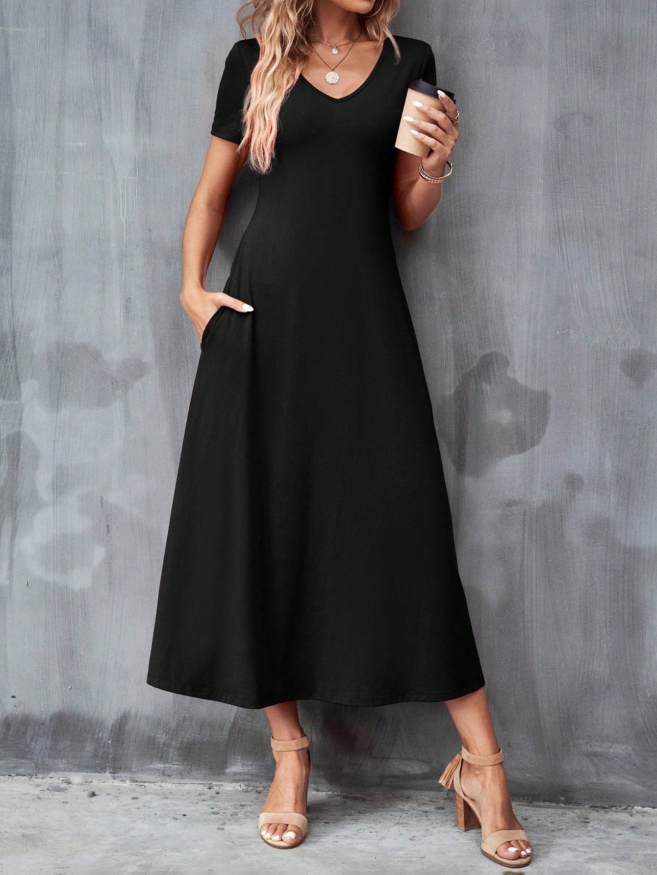 Clasi Solid Hidden Pocket Black Tee Dress