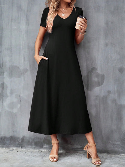 Clasi Solid Hidden Pocket Black Tee Dress