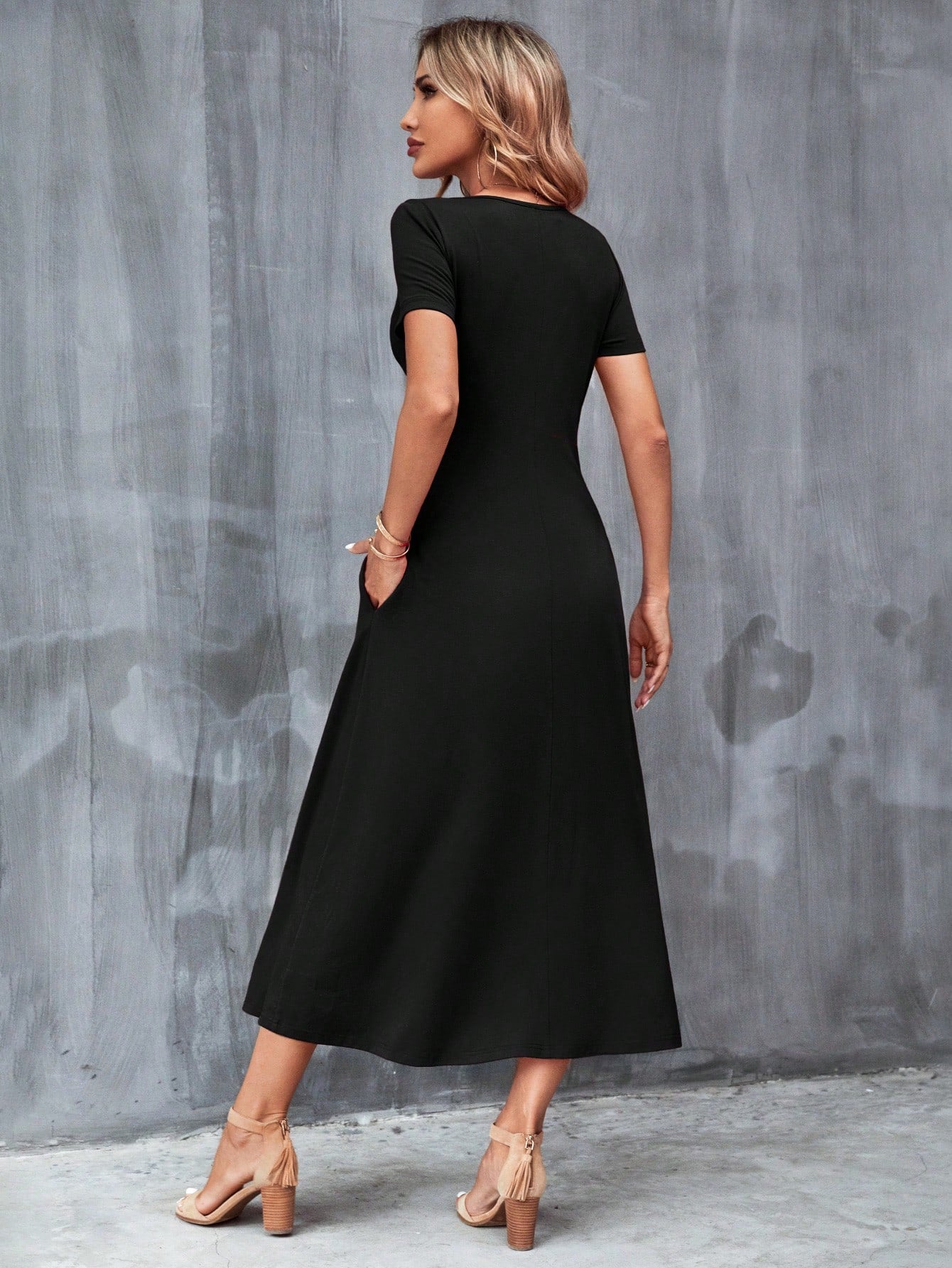 Clasi Solid Hidden Pocket Black Tee Dress