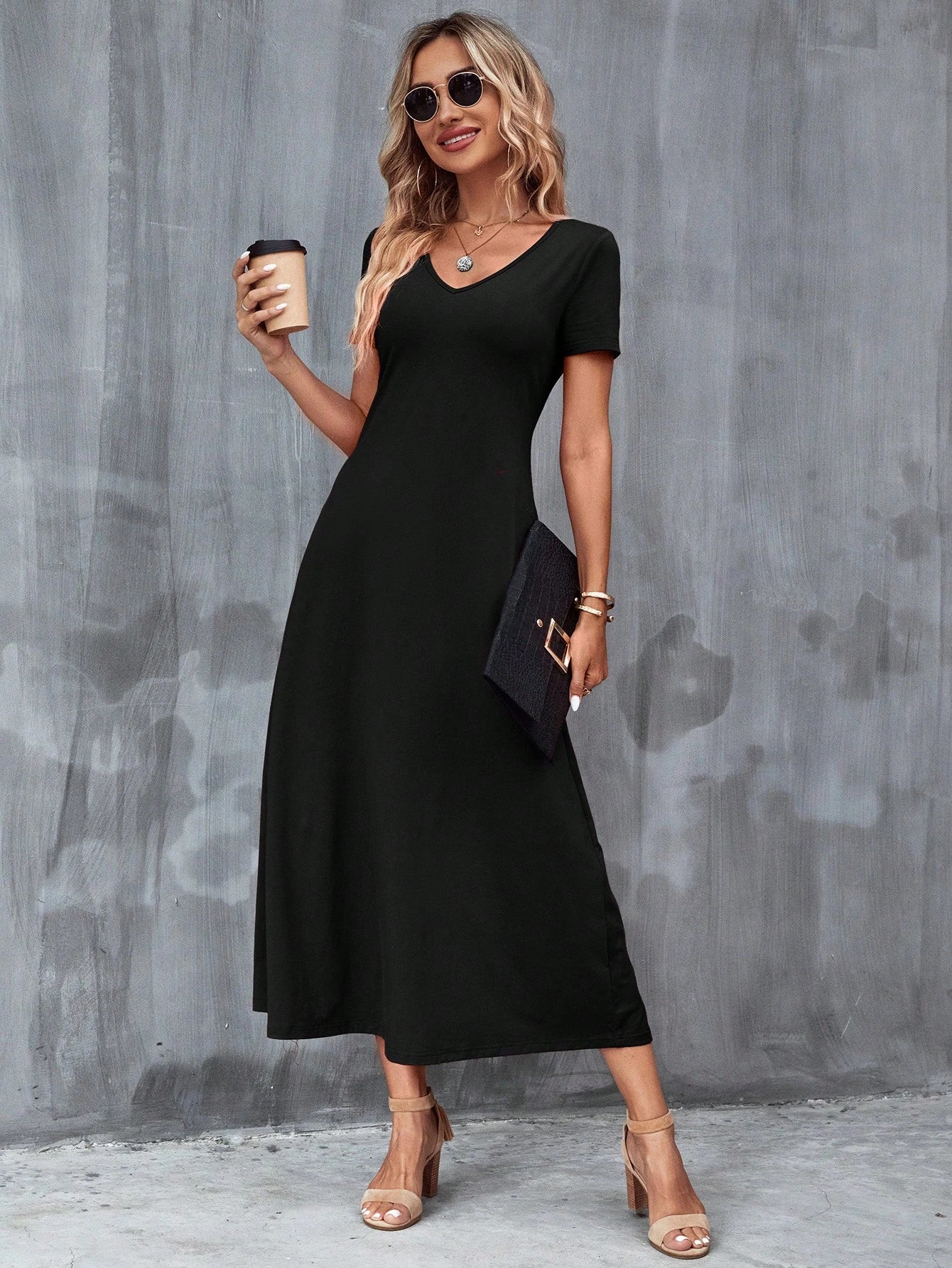 Clasi Solid Hidden Pocket Black Tee Dress
