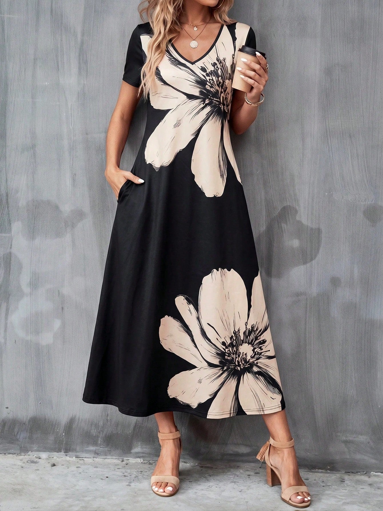 Clasi Solid Hidden Pocket Black Tee Dress