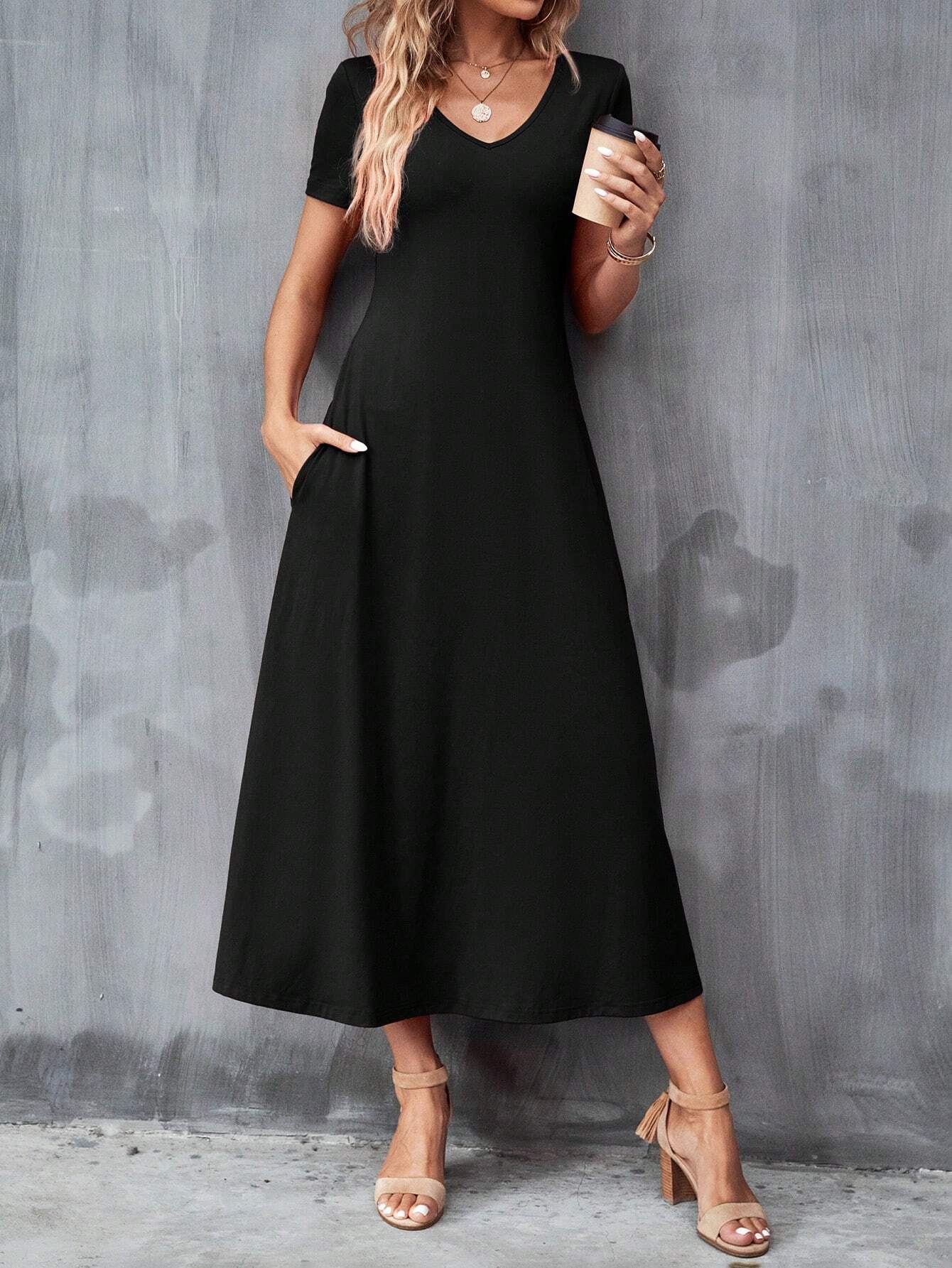 Clasi Solid Hidden Pocket Black Tee Dress