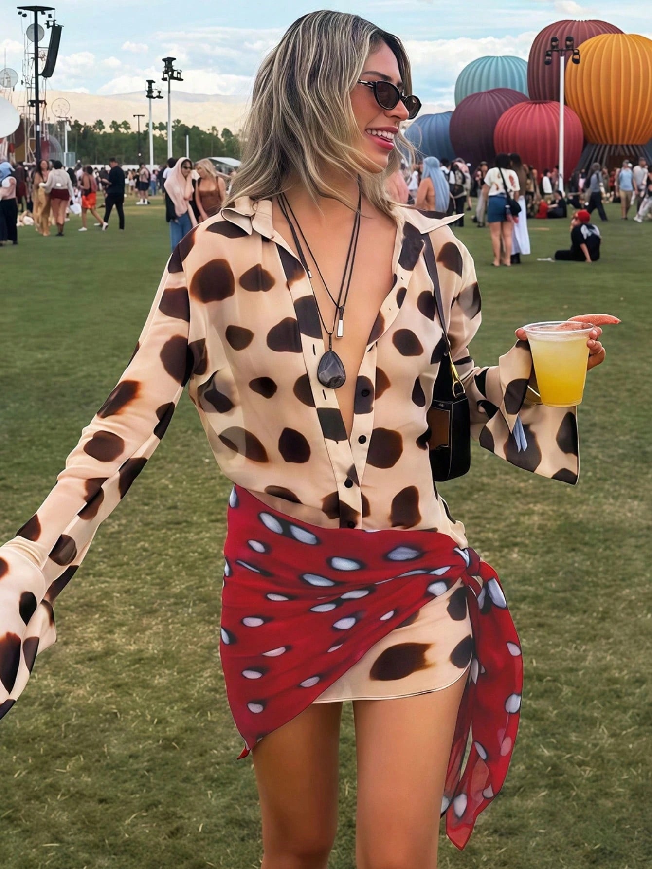 Coachella Style Polka Dot Two Piece Outfit, Sheer Flare Sleeve Shirt & Wrap Skirt, Casual Vacation Set For Women