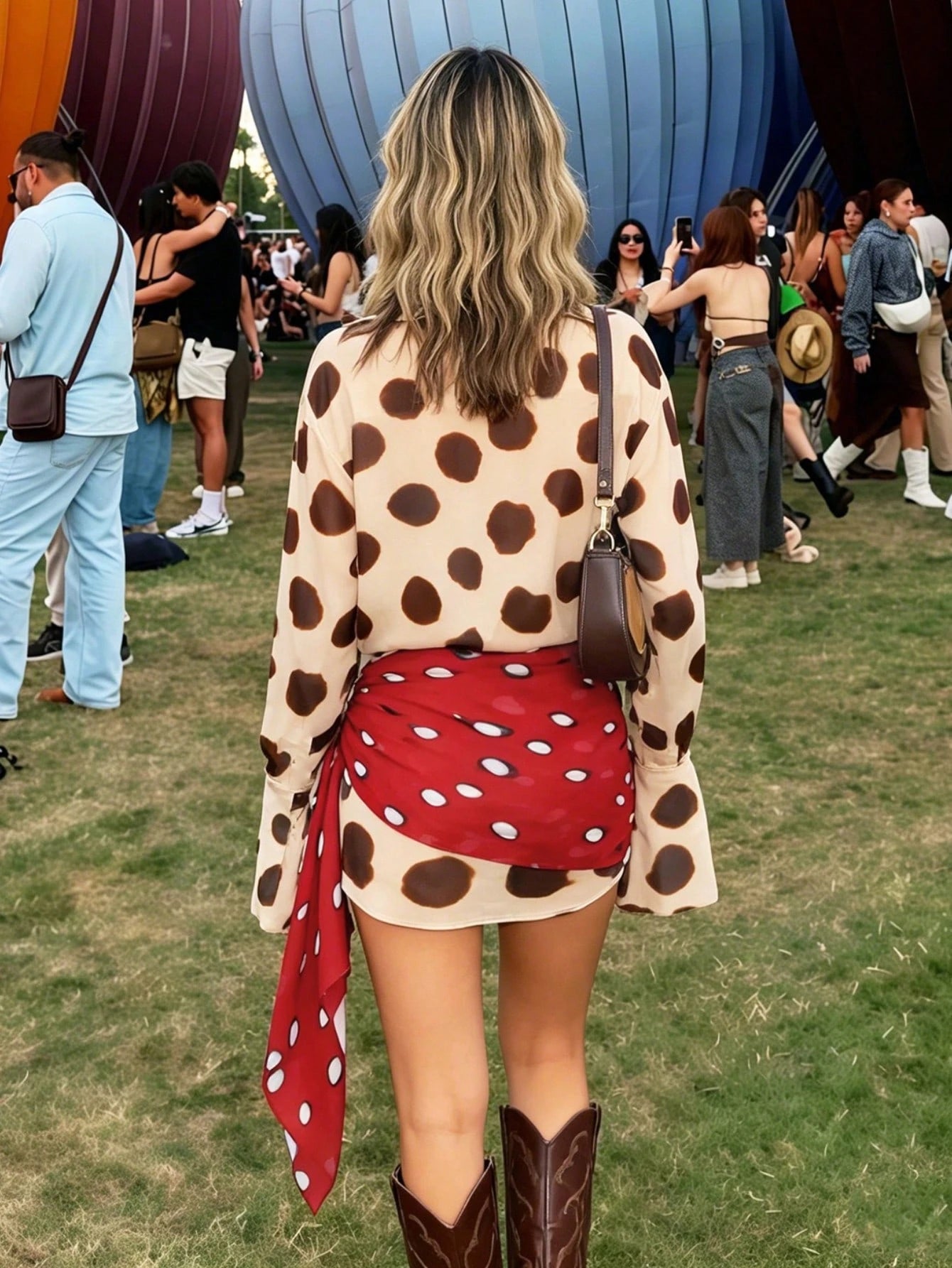 Coachella Style Polka Dot Two Piece Outfit, Sheer Flare Sleeve Shirt & Wrap Skirt, Casual Vacation Set For Women