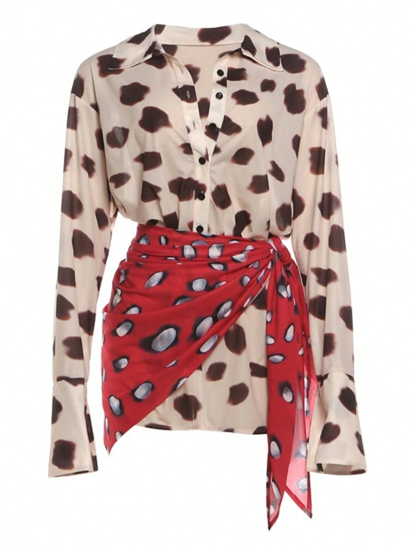 Coachella Style Polka Dot Two Piece Outfit, Sheer Flare Sleeve Shirt & Wrap Skirt, Casual Vacation Set For Women