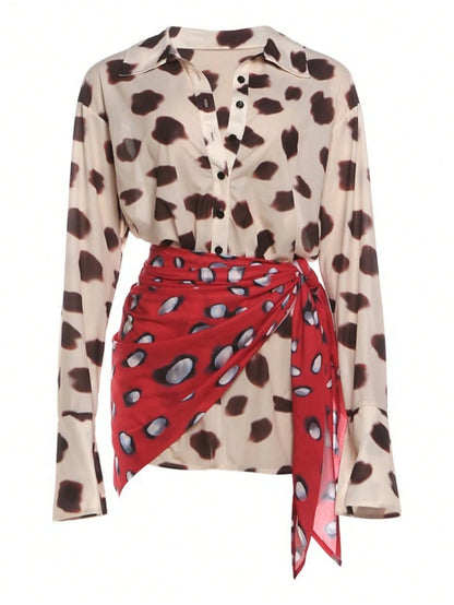 Coachella Style Polka Dot Two Piece Outfit, Sheer Flare Sleeve Shirt & Wrap Skirt, Casual Vacation Set For Women