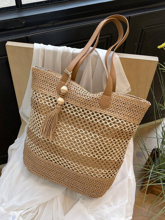 Colorblock Tote Bag For Beach Holiday With Tassel Pendant Included, Perfect For Beach Vacation, Travel, Shopping, And Vacation Essentials,Fringe Bag