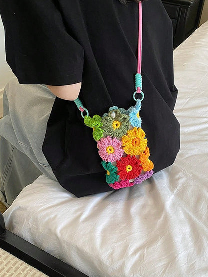 Colorful Handmade Crochet Crossbody Phone Bag, Sweet Contrast Color Yarn Knitted Mini Pouch, Adjustable Strap Design, Lightweight And Cute, Can Hold Phone, Coins, Lipstick, Suitable For Daily Commute