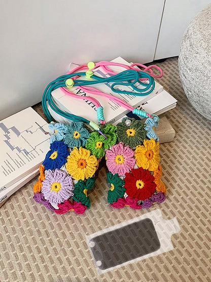 Colorful Handmade Crochet Crossbody Phone Bag, Sweet Contrast Color Yarn Knitted Mini Pouch, Adjustable Strap Design, Lightweight And Cute, Can Hold Phone, Coins, Lipstick, Suitable For Daily Commute