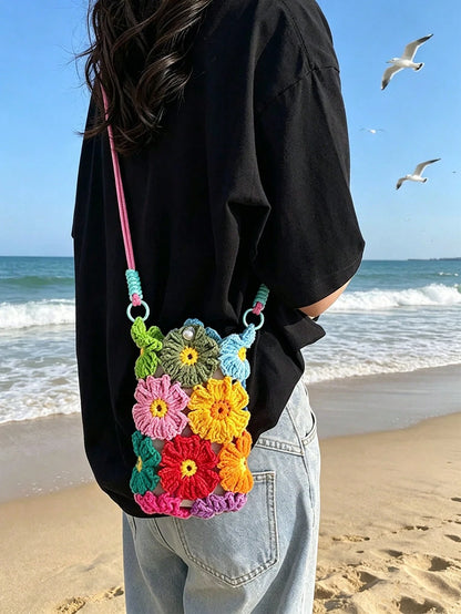 Colorful Handmade Crochet Crossbody Phone Bag, Sweet Contrast Color Yarn Knitted Mini Pouch, Adjustable Strap Design, Lightweight And Cute, Can Hold Phone, Coins, Lipstick, Suitable For Daily Commute