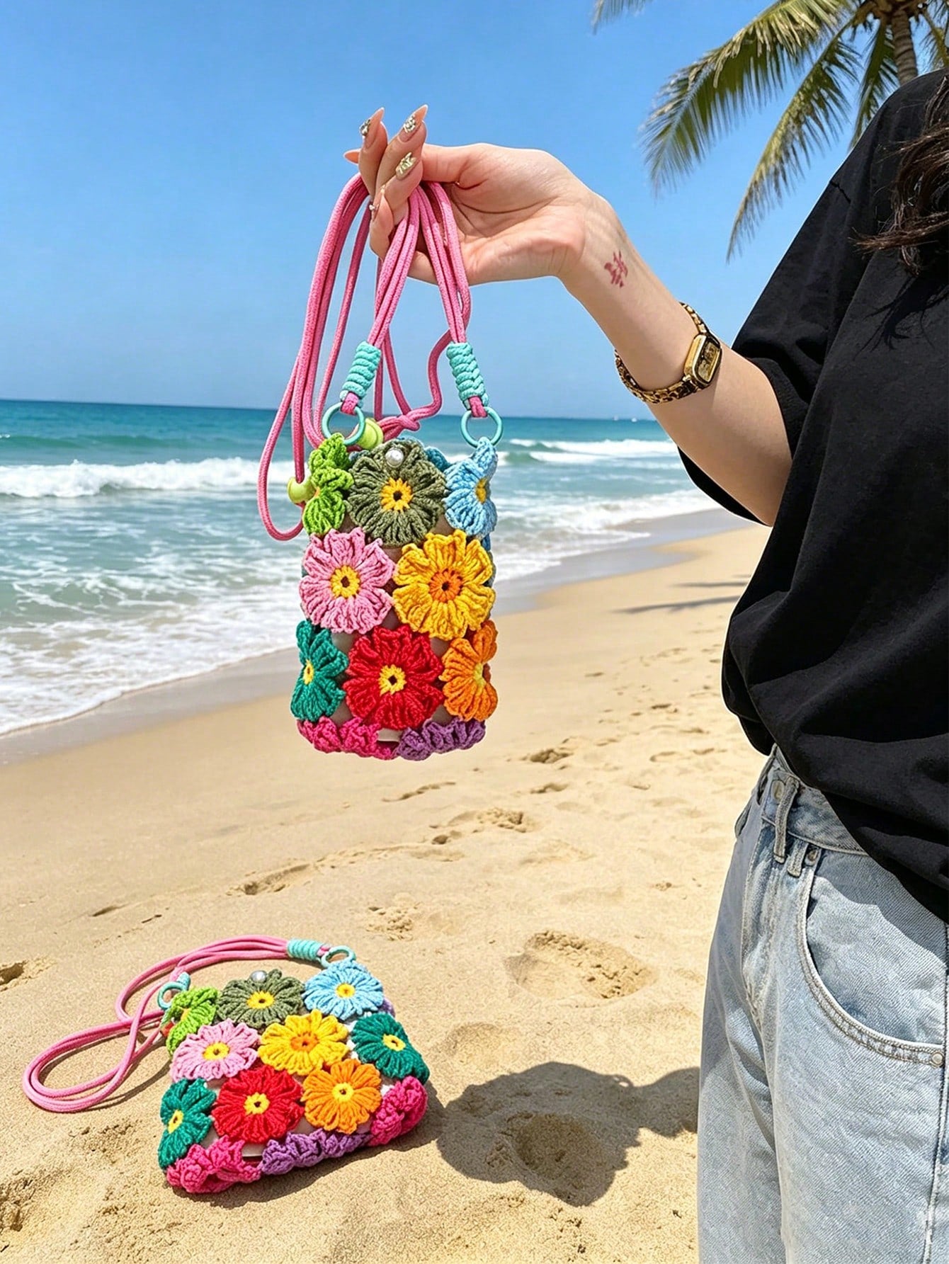 Colorful Handmade Crochet Crossbody Phone Bag, Sweet Contrast Color Yarn Knitted Mini Pouch, Adjustable Strap Design, Lightweight And Cute, Can Hold Phone, Coins, Lipstick, Suitable For Daily Commute