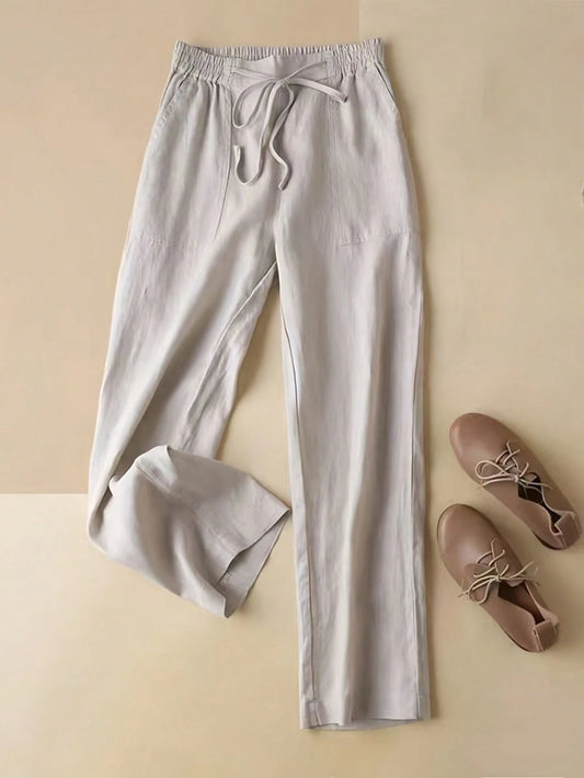 Comfortable Women's Casual Straight Leg Pants, With Pleated Waist Design And Decorative Drawstring, Regular Length Spring