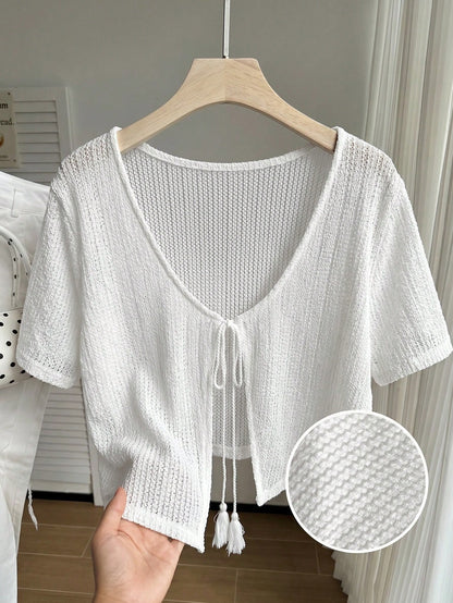 Comfortcana Plus Size All White Short Sleeve Casual Cropped Cover Up, Summer Top, Knit Cover-Up, Knitwear Vacation Formal Party