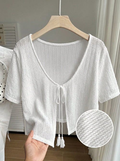 Comfortcana Plus Size All White Short Sleeve Casual Cropped Cover Up, Summer Top, Knit Cover-Up, Knitwear Vacation Formal Party