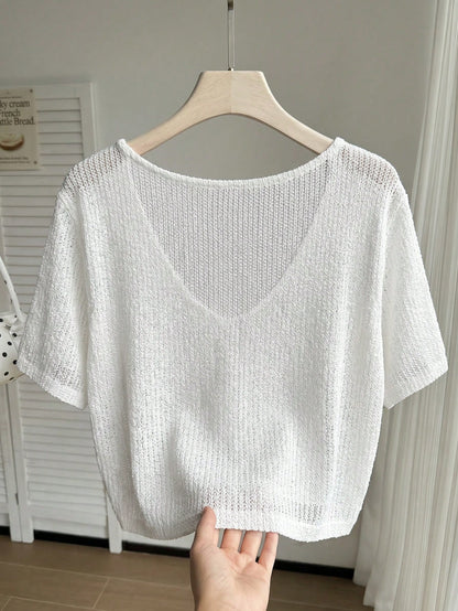 Comfortcana Plus Size All White Short Sleeve Casual Cropped Cover Up, Summer Top, Knit Cover-Up, Knitwear Vacation Formal Party