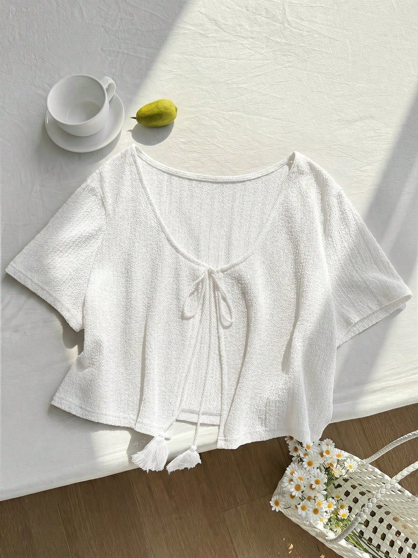 Comfortcana Plus Size All White Short Sleeve Casual Cropped Cover Up, Summer Top, Knit Cover-Up, Knitwear Vacation Formal Party