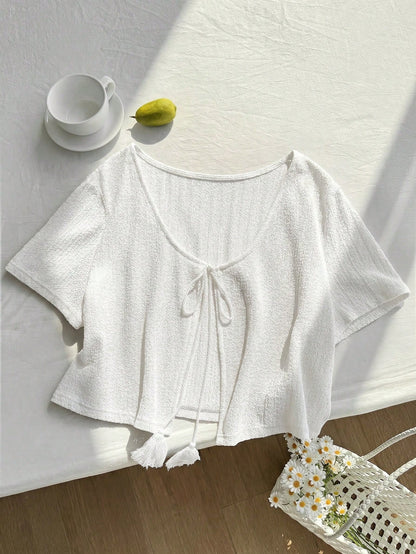 Comfortcana Plus Size All White Short Sleeve Casual Cropped Cover Up, Summer Top, Knit Cover-Up, Knitwear Vacation Formal Party