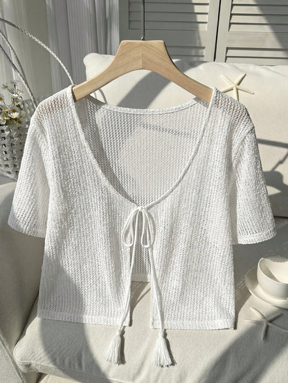 Comfortcana Plus Size All White Short Sleeve Casual Cropped Cover Up, Summer Top, Knit Cover-Up, Knitwear Vacation Formal Party