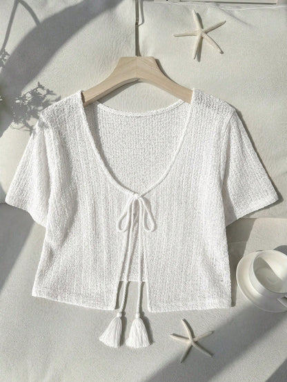 Comfortcana Plus Size All White Short Sleeve Casual Cropped Cover Up, Summer Top, Knit Cover-Up, Knitwear Vacation Formal Party