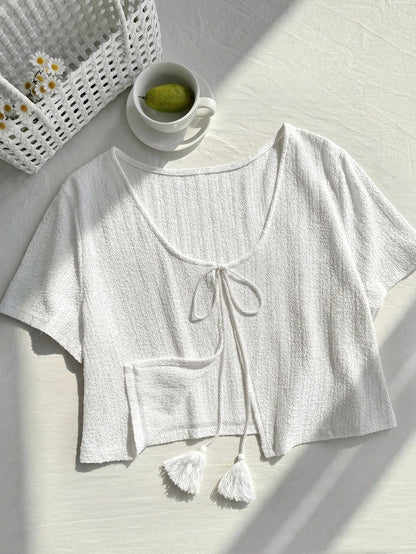 Comfortcana Plus Size All White Short Sleeve Casual Cropped Cover Up, Summer Top, Knit Cover-Up, Knitwear Vacation Formal Party