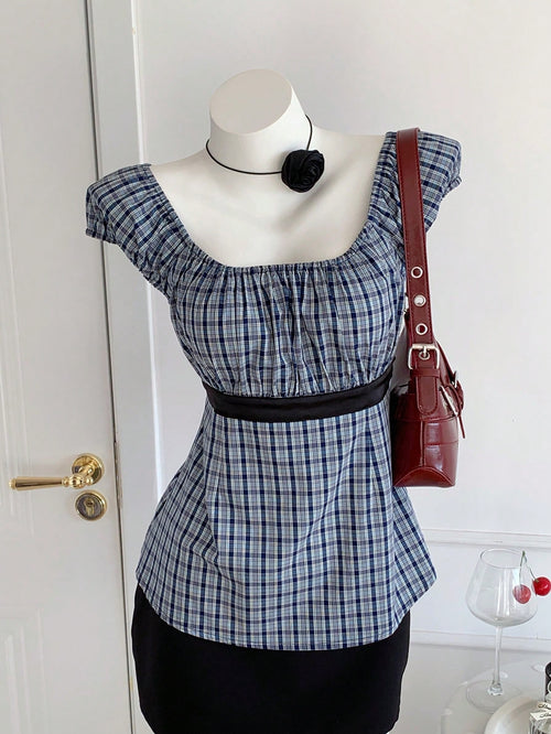 Comfortcana Plus Size Women Summer Petal Sleeve Plaid Blouse Shirt Back-To-School Style Tie Waist Top Everyday Light Blue Coastal Chic Elegant Brunch Club Office