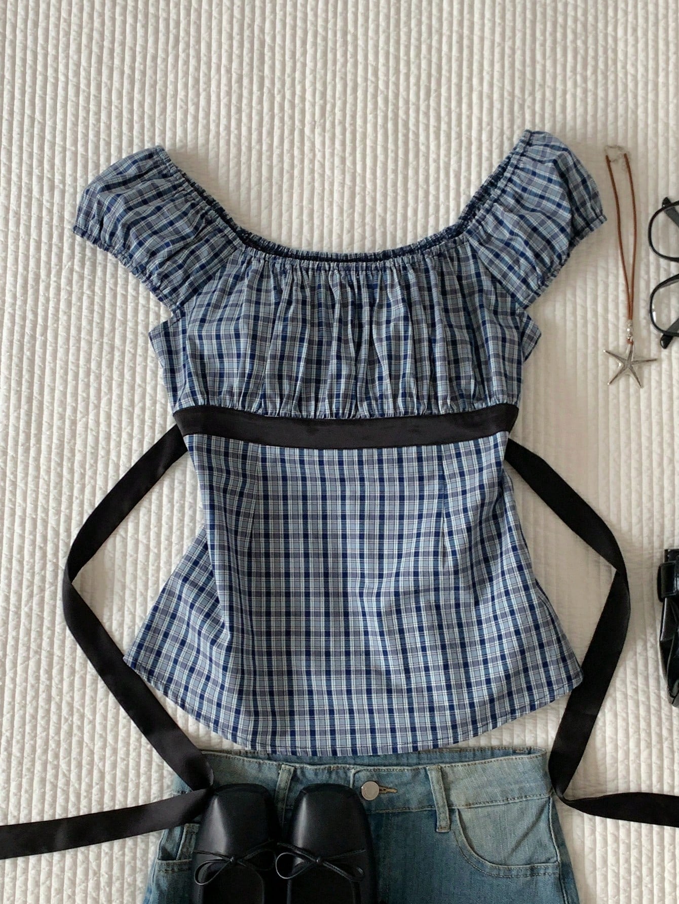 Comfortcana Plus Size Women Summer Petal Sleeve Plaid Blouse Shirt Back-To-School Style Tie Waist Top Everyday Light Blue Coastal Chic Elegant Brunch Club Office