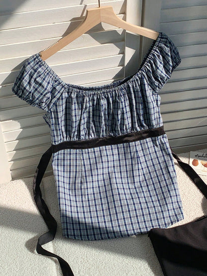 Comfortcana Plus Size Women Summer Petal Sleeve Plaid Blouse Shirt Back-To-School Style Tie Waist Top Everyday Light Blue Coastal Chic Elegant Brunch Club Office