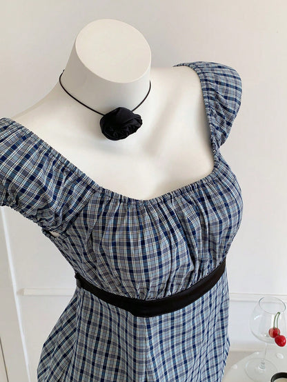 Comfortcana Plus Size Women Summer Petal Sleeve Plaid Blouse Shirt Back-To-School Style Tie Waist Top Everyday Light Blue Coastal Chic Elegant Brunch Club Office