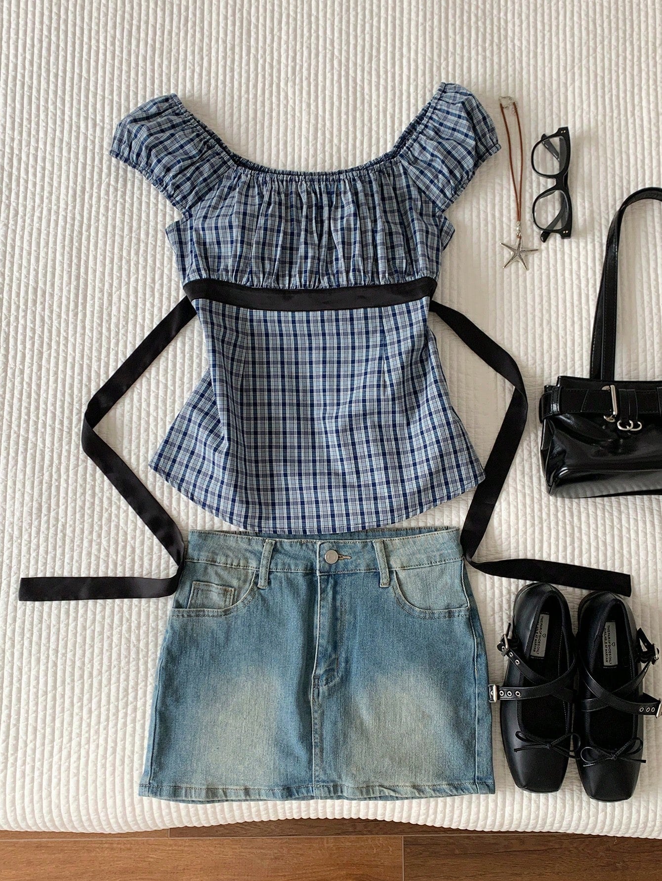 Comfortcana Plus Size Women Summer Petal Sleeve Plaid Blouse Shirt Back-To-School Style Tie Waist Top Everyday Light Blue Coastal Chic Elegant Brunch Club Office
