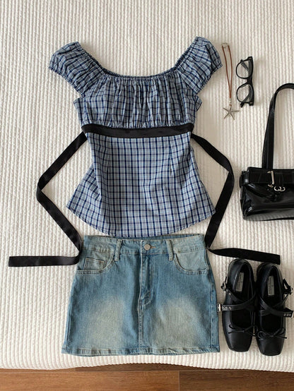 Comfortcana Plus Size Women Summer Petal Sleeve Plaid Blouse Shirt Back-To-School Style Tie Waist Top Everyday Light Blue Coastal Chic Elegant Brunch Club Office