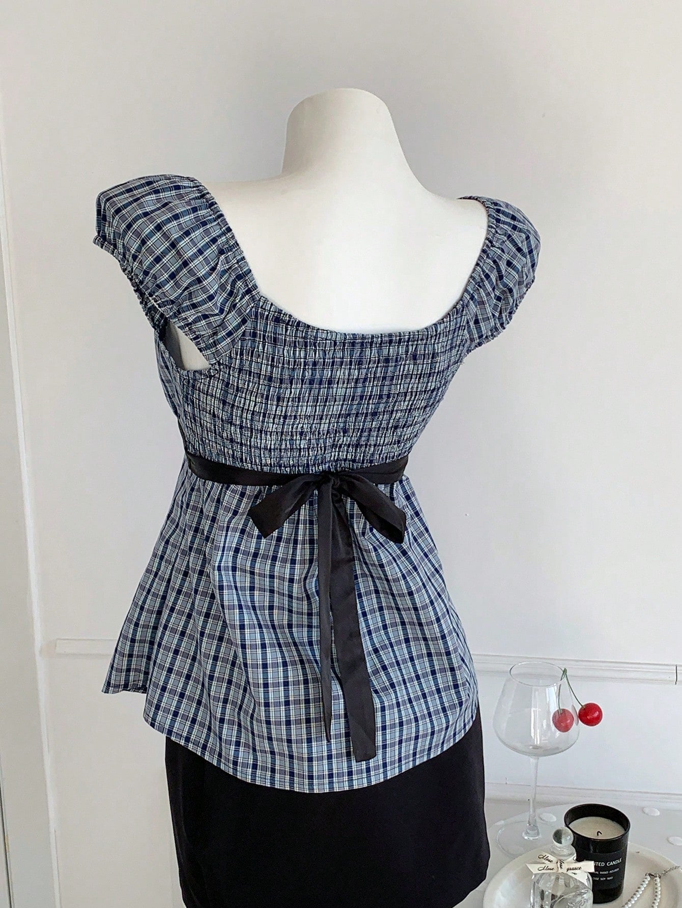 Comfortcana Plus Size Women Summer Petal Sleeve Plaid Blouse Shirt Back-To-School Style Tie Waist Top Everyday Light Blue Coastal Chic Elegant Brunch Club Office