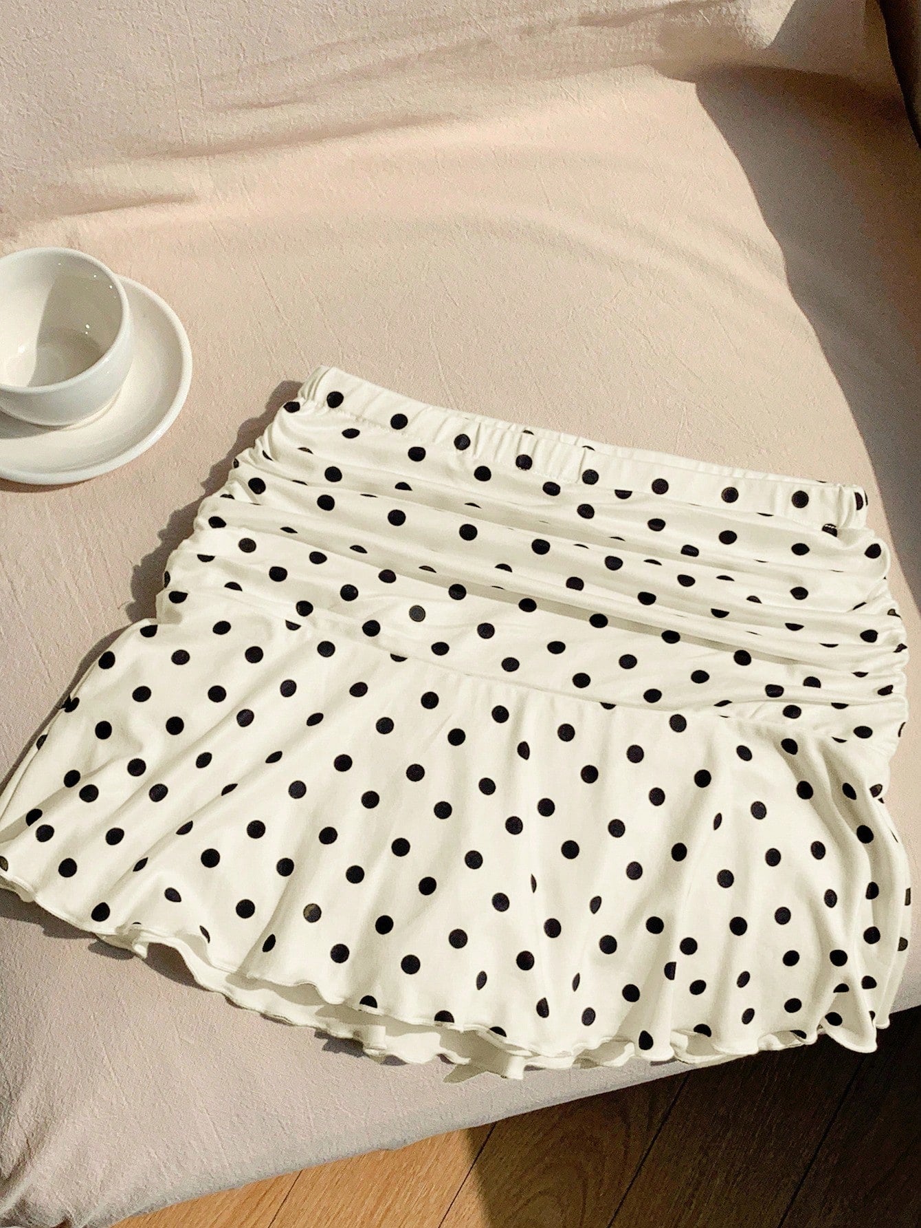 Comfortcana Polka Dot Mini Skirt For Women Apricot Knitted Casual A-Line With Chic Ruffle Hem Cute Skirt Frilly Skirt Polka Dot Skirt Skirt Short