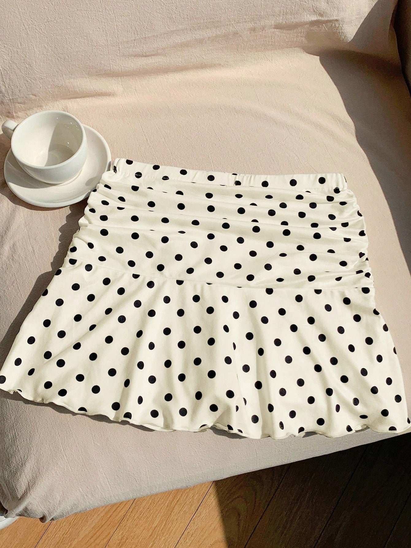 Comfortcana Polka Dot Mini Skirt For Women Apricot Knitted Casual A-Line With Chic Ruffle Hem Cute Skirt Frilly Skirt Polka Dot Skirt Skirt Short