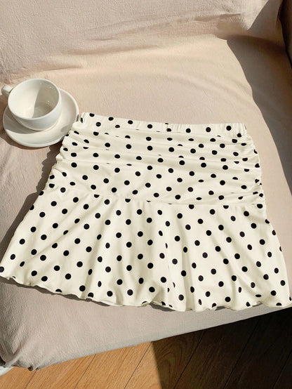 Comfortcana Polka Dot Mini Skirt For Women Apricot Knitted Casual A-Line With Chic Ruffle Hem Cute Skirt Frilly Skirt Polka Dot Skirt Skirt Short
