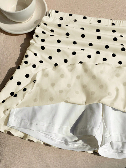 Comfortcana Polka Dot Mini Skirt For Women Apricot Knitted Casual A-Line With Chic Ruffle Hem Cute Skirt Frilly Skirt Polka Dot Skirt Skirt Short