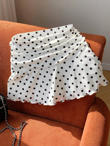 Comfortcana Polka Dot Mini Skirt For Women Apricot Knitted Casual A-Line With Chic Ruffle Hem Cute Skirt Frilly Skirt Polka Dot Skirt Skirt Short