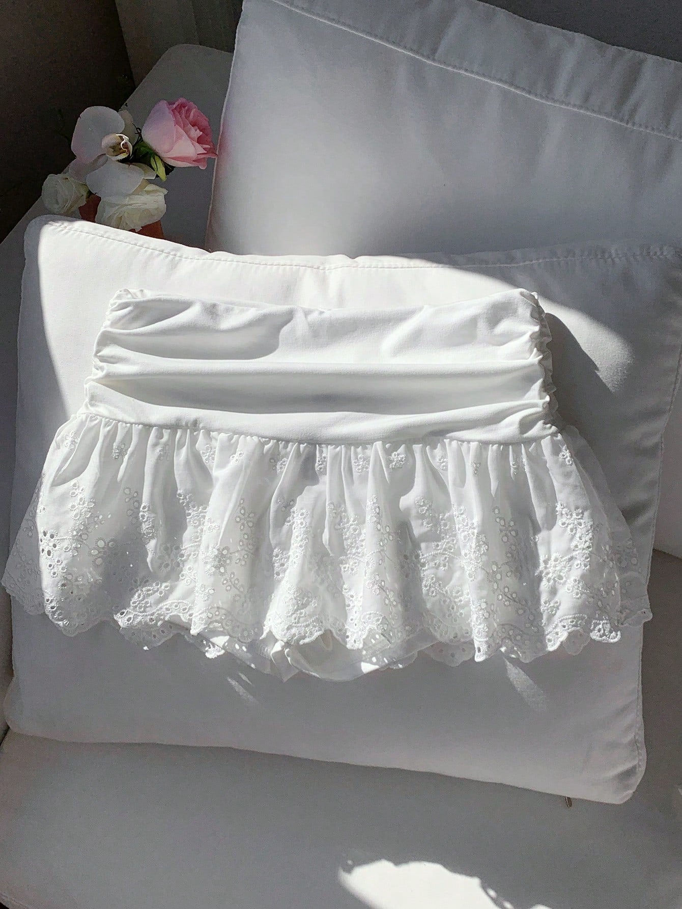 Comfortcana Women's Autumn Valentine New Embroidered Pleated White Short Skirt,With Shorts Vacation Cute