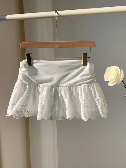Comfortcana Women's Autumn Valentine New Embroidered Pleated White Short Skirt,With Shorts Vacation Cute