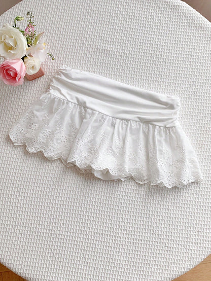 Comfortcana Women's Autumn Valentine New Embroidered Pleated White Short Skirt,With Shorts Vacation Cute