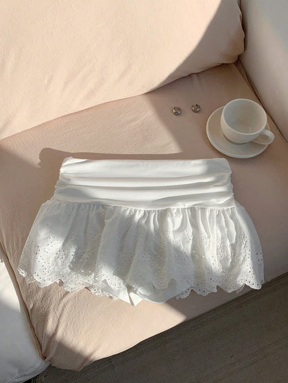 Comfortcana Women's Autumn Valentine New Embroidered Pleated White Short Skirt,With Shorts Vacation Cute