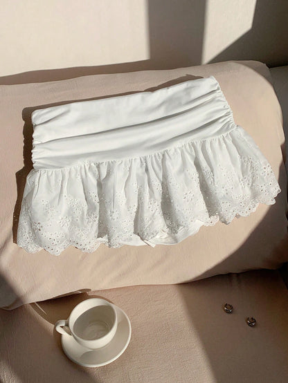 Comfortcana Women's Autumn Valentine New Embroidered Pleated White Short Skirt,With Shorts Vacation Cute