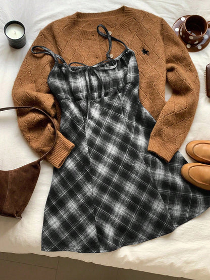 Comfortcana Women's Autumn/Winter Casual Plaid Suspender Mini Dress Square Neck Dress, Black And White Plaid Dress, Autumn Cottagecore Dress, Fall Clothing