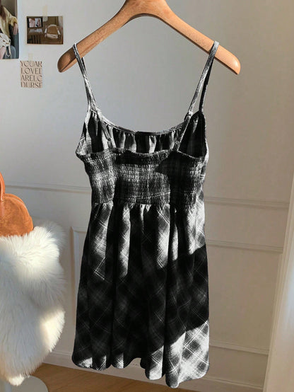 Comfortcana Women's Autumn/Winter Casual Plaid Suspender Mini Dress Square Neck Dress, Black And White Plaid Dress, Autumn Cottagecore Dress, Fall Clothing