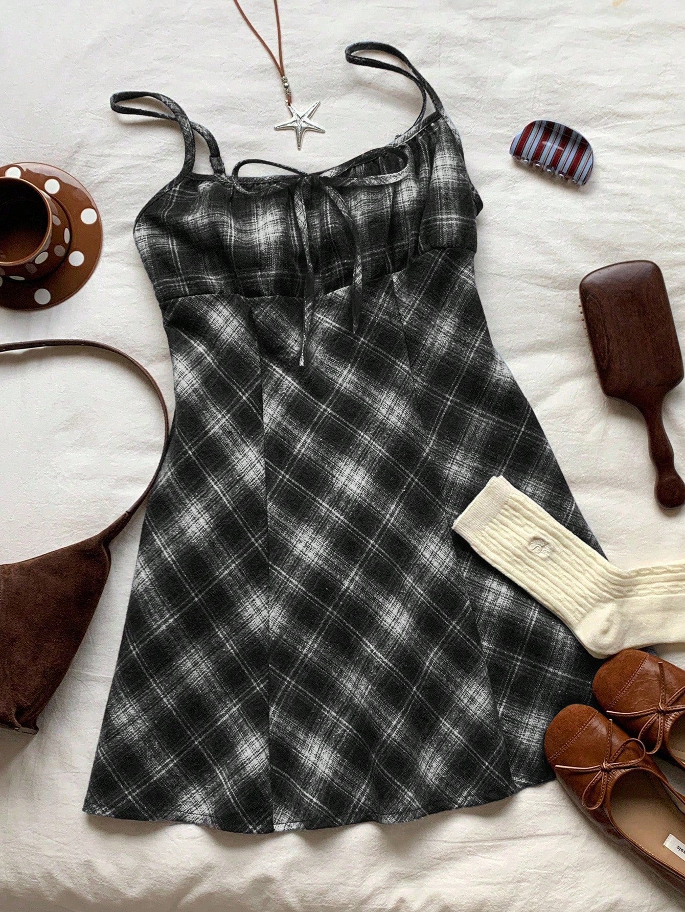Comfortcana Women's Autumn/Winter Casual Plaid Suspender Mini Dress Square Neck Dress, Black And White Plaid Dress, Autumn Cottagecore Dress, Fall Clothing