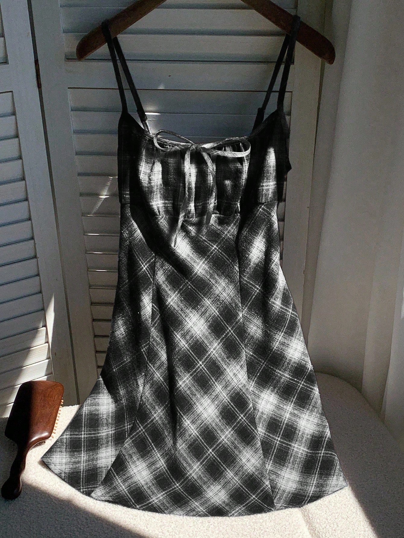 Comfortcana Women's Autumn/Winter Casual Plaid Suspender Mini Dress Square Neck Dress, Black And White Plaid Dress, Autumn Cottagecore Dress, Fall Clothing