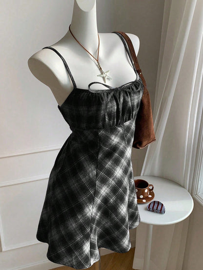 Comfortcana Women's Autumn/Winter Casual Plaid Suspender Mini Dress Square Neck Dress, Black And White Plaid Dress, Autumn Cottagecore Dress, Fall Clothing