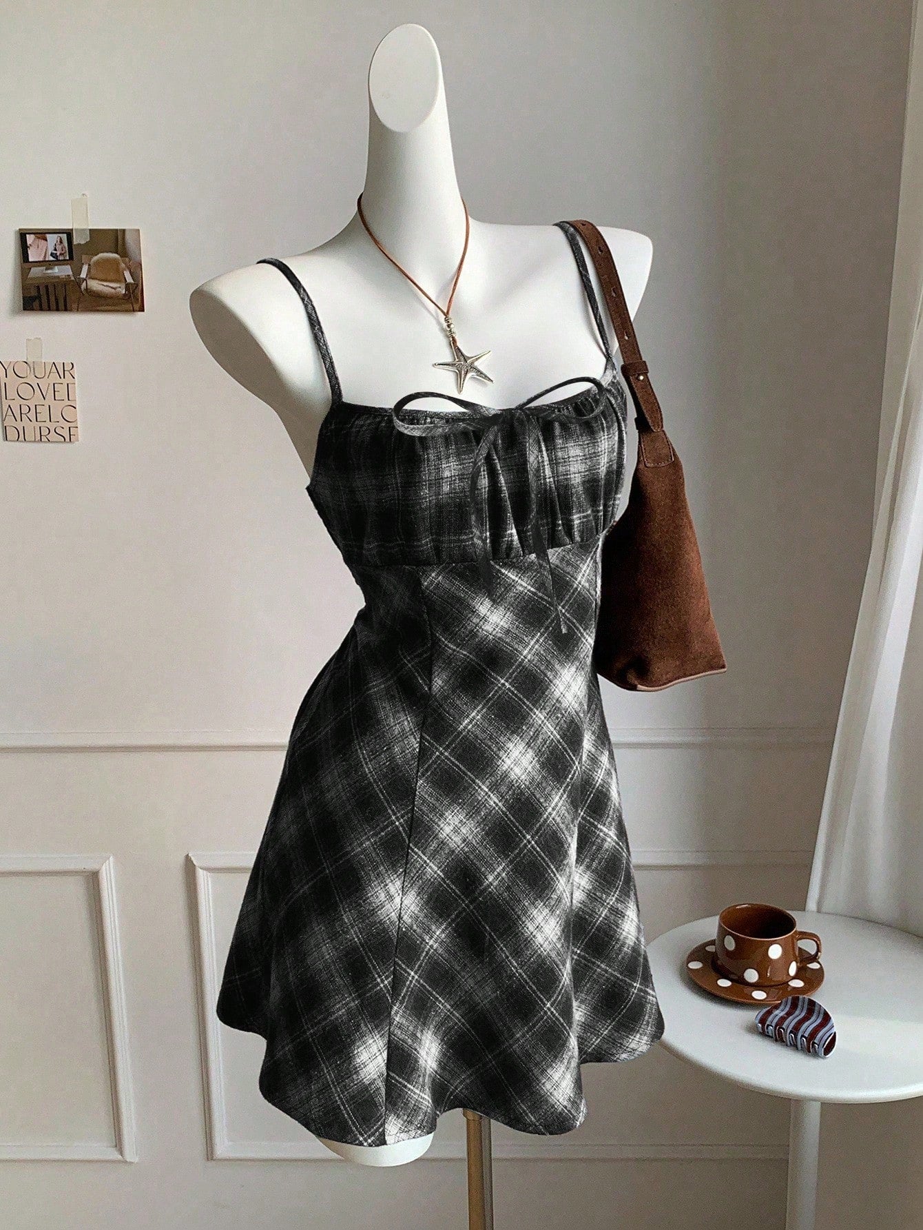 Comfortcana Women's Autumn/Winter Casual Plaid Suspender Mini Dress Square Neck Dress, Black And White Plaid Dress, Autumn Cottagecore Dress, Fall Clothing
